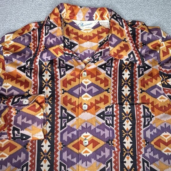 Vintage 70s Charisma Shirt Mens Large 16.5 Aztec Disco Lightweight Button Up